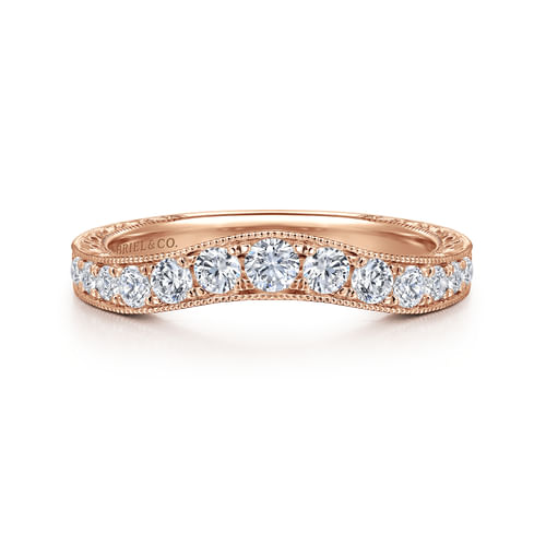 Vintage Inspired 14K Rose Gold Curved Channel Set Diamond Wedding Band with Engraving