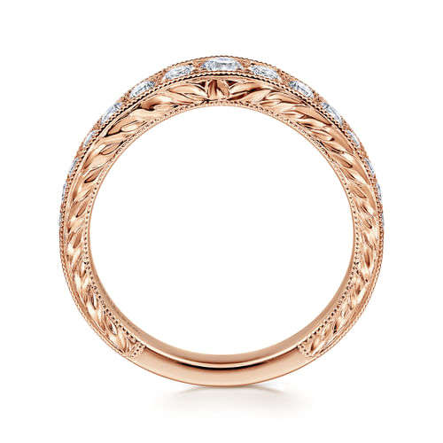 Vintage Inspired 14K Rose Gold Curved Channel Set Diamond Wedding Band with Engraving