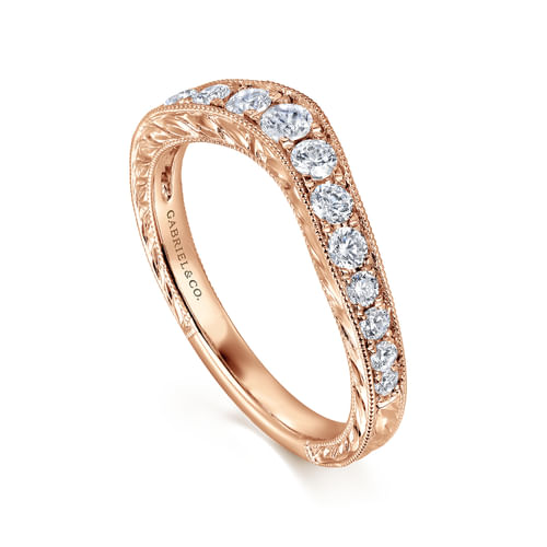Vintage Inspired 14K Rose Gold Curved Channel Set Diamond Wedding Band with Engraving