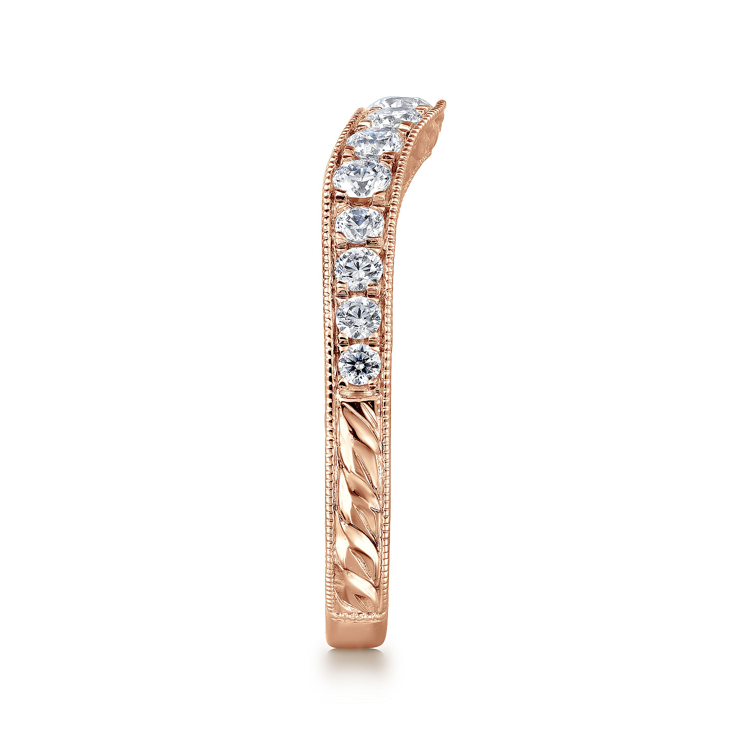 Vintage Inspired 14K Rose Gold Curved Channel Set Diamond Wedding Band with Engraving