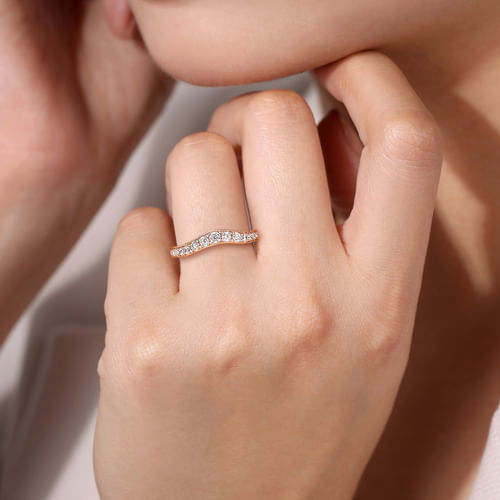 Vintage Inspired 14K Rose Gold Curved Channel Set Diamond Wedding Band with Engraving
