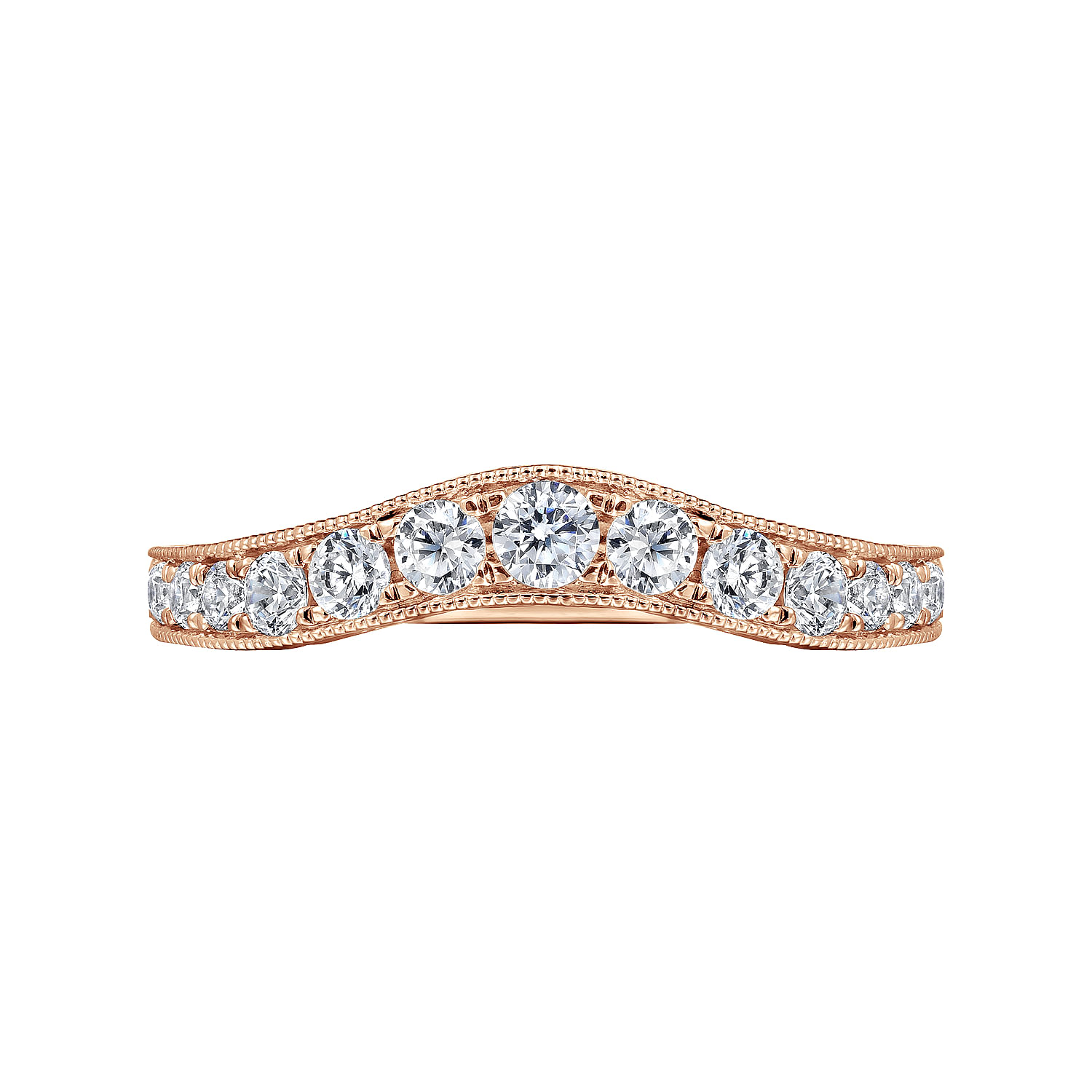 Vintage Inspired 14K Rose Gold Curved Channel Set Diamond Wedding Band with Engraving