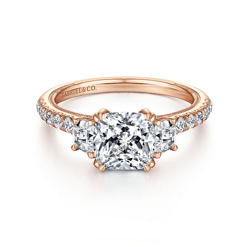 Vintage Inspired 14K Rose Gold Cushion Cut Three Stone Diamond Engagement Ring