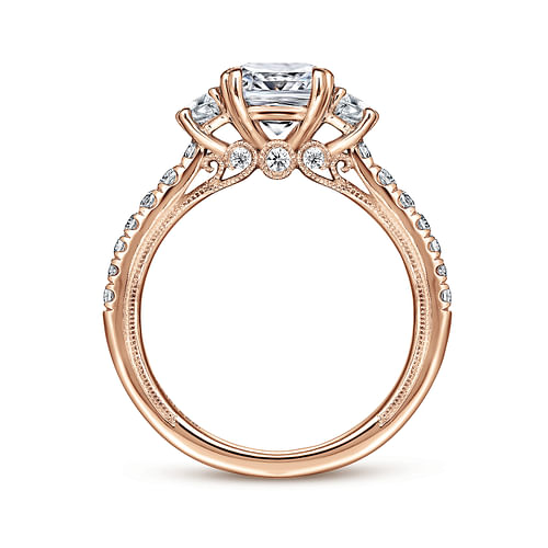 Vintage Inspired 14K Rose Gold Cushion Cut Three Stone Diamond Engagement Ring