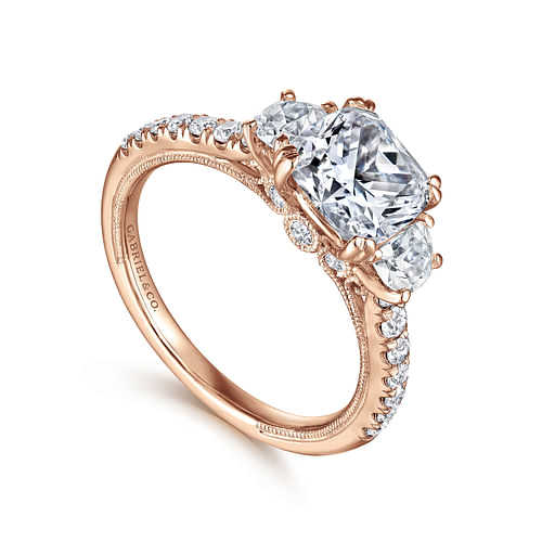 Vintage Inspired 14K Rose Gold Cushion Cut Three Stone Diamond Engagement Ring