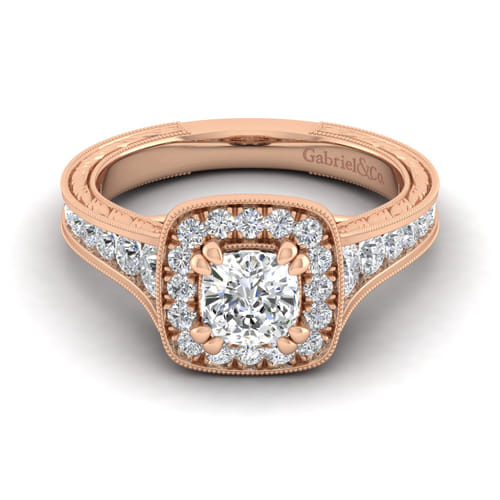 Vintage Inspired 14K Rose Gold Cushion Halo Diamond Channel Set Engagement Ring