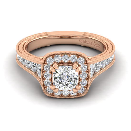 Gabriel - Vintage Inspired 14K Rose Gold Cushion Halo Diamond Channel Set Engagement Ring