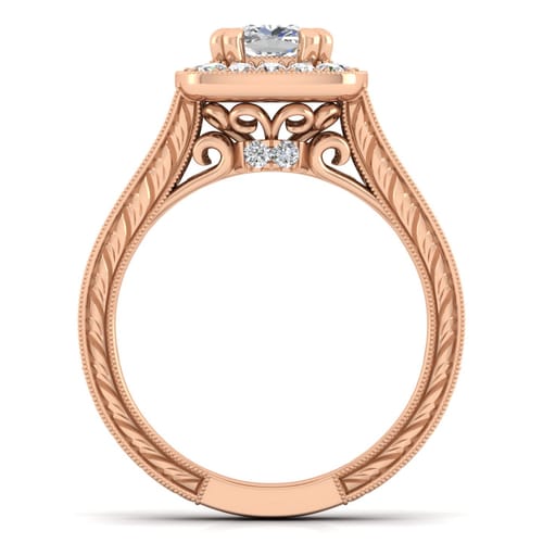 Vintage Inspired 14K Rose Gold Cushion Halo Diamond Channel Set Engagement Ring