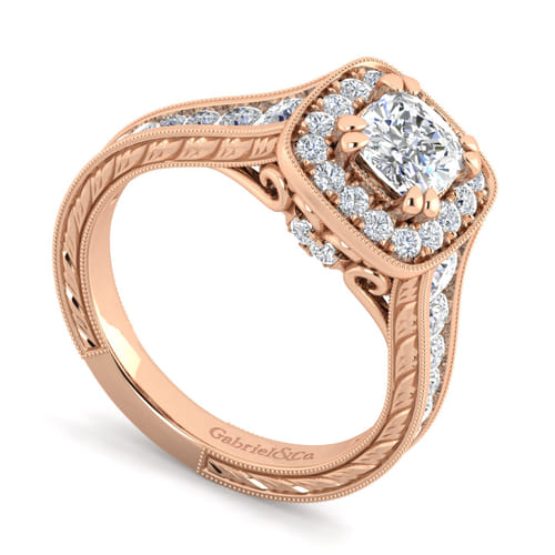 Vintage Inspired 14K Rose Gold Cushion Halo Diamond Channel Set Engagement Ring