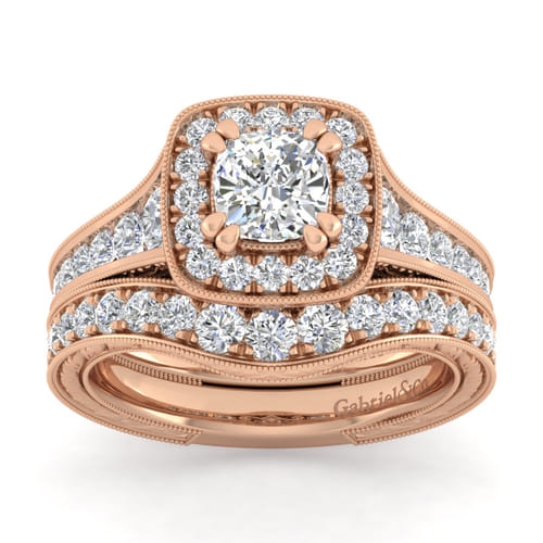 Vintage Inspired 14K Rose Gold Cushion Halo Diamond Channel Set Engagement Ring