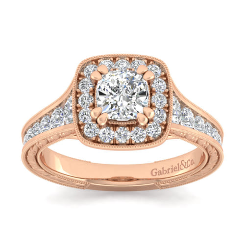 Vintage Inspired 14K Rose Gold Cushion Halo Diamond Channel Set Engagement Ring