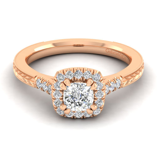 Vintage Inspired 14K Rose Gold Cushion Halo Diamond Engagement Ring
