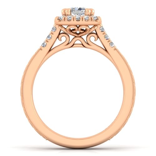 Vintage Inspired 14K Rose Gold Cushion Halo Diamond Engagement Ring