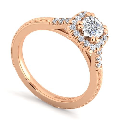 Vintage Inspired 14K Rose Gold Cushion Halo Diamond Engagement Ring