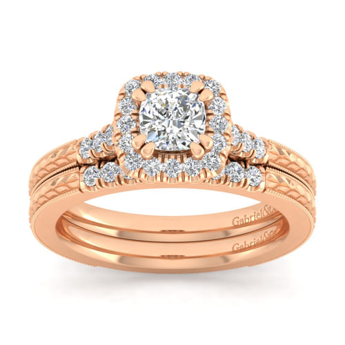 Vintage Inspired 14K Rose Gold Cushion Halo Diamond Engagement Ring