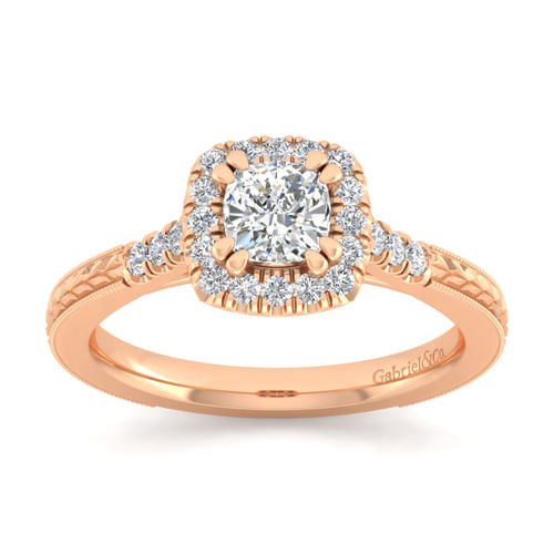 Vintage Inspired 14K Rose Gold Cushion Halo Diamond Engagement Ring