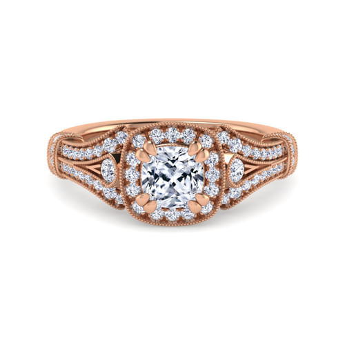 Vintage Inspired 14K Rose Gold Cushion Halo Diamond Engagement Ring