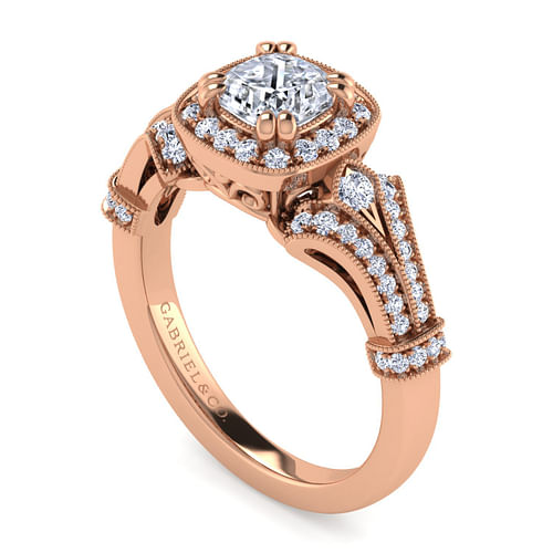 Vintage Inspired 14K Rose Gold Cushion Halo Diamond Engagement Ring
