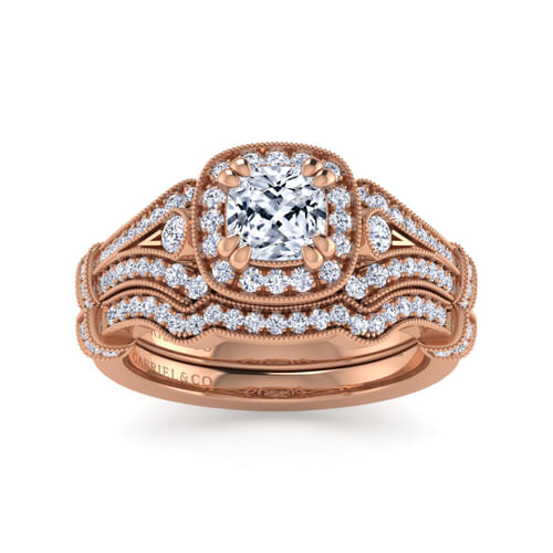 Vintage Inspired 14K Rose Gold Cushion Halo Diamond Engagement Ring