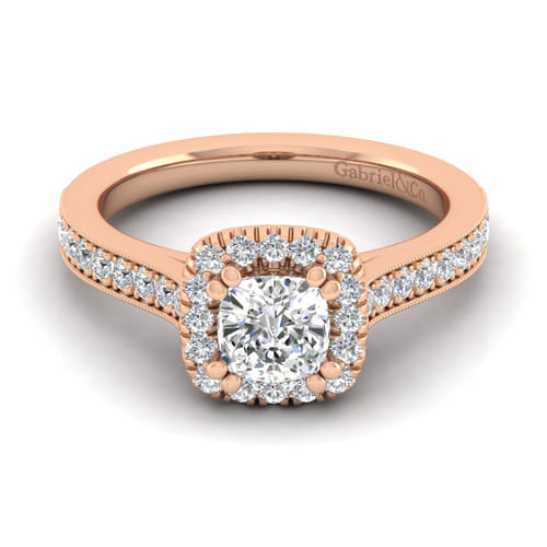 Vintage Inspired 14K Rose Gold Cushion Halo Diamond Engagement Ring