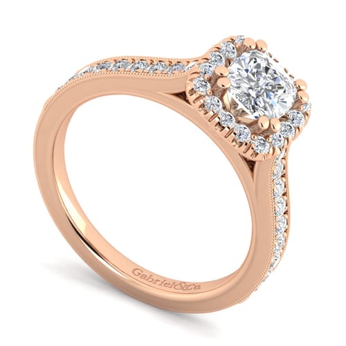 Vintage Inspired 14K Rose Gold Cushion Halo Diamond Engagement Ring