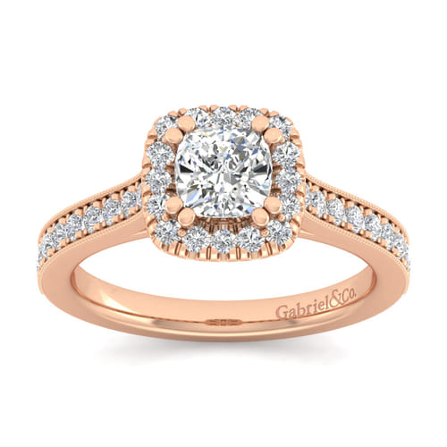 Vintage Inspired 14K Rose Gold Cushion Halo Diamond Engagement Ring