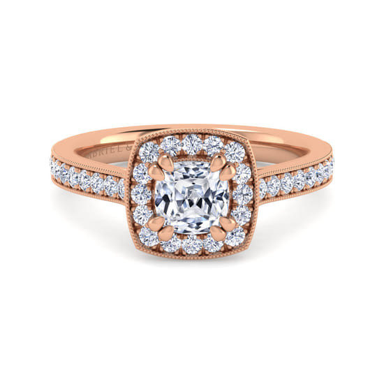 Gabriel - Vintage Inspired 14K Rose Gold Cushion Halo Diamond Engagement Ring