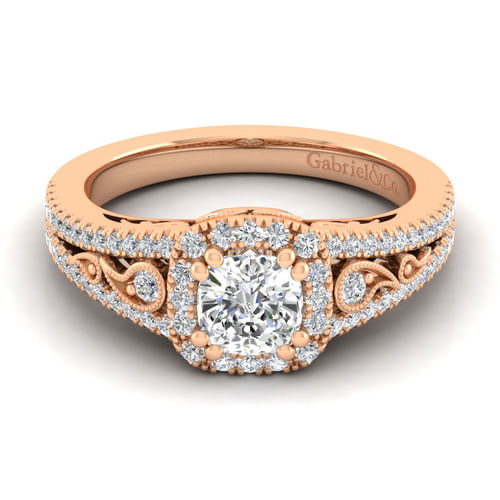 Vintage Inspired 14K Rose Gold Cushion Halo Diamond Engagement Ring