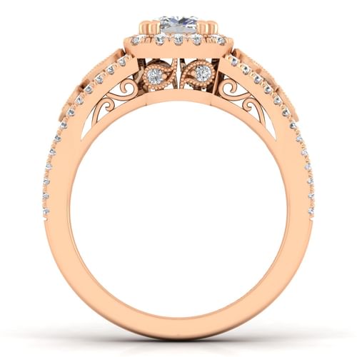 Vintage Inspired 14K Rose Gold Cushion Halo Diamond Engagement Ring