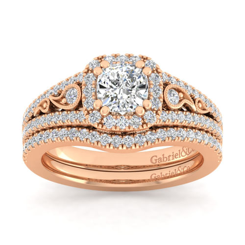 Vintage Inspired 14K Rose Gold Cushion Halo Diamond Engagement Ring