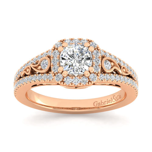 Vintage Inspired 14K Rose Gold Cushion Halo Diamond Engagement Ring