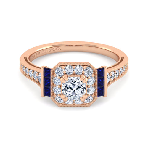 Vintage Inspired 14K Rose Gold Cushion Halo Diamond and Sapphire Channel Set Engagement Ring