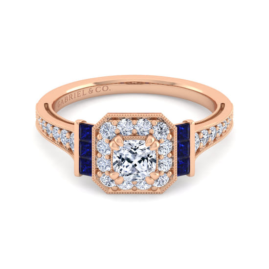 Gabriel - Vintage Inspired 14K Rose Gold Cushion Halo Diamond and Sapphire Channel Set Engagement Ring
