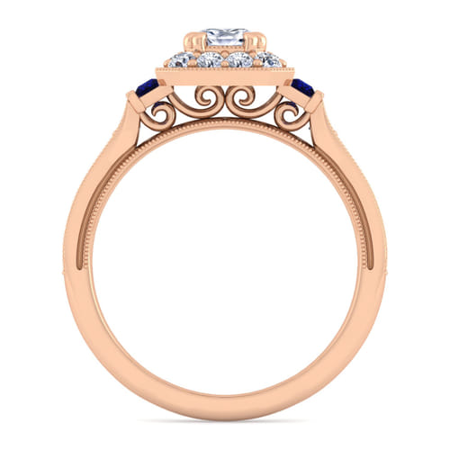 Vintage Inspired 14K Rose Gold Cushion Halo Diamond and Sapphire Channel Set Engagement Ring