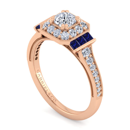 Vintage Inspired 14K Rose Gold Cushion Halo Diamond and Sapphire Channel Set Engagement Ring