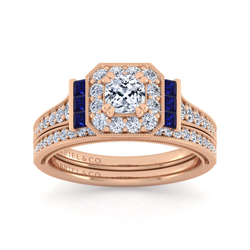 Vintage Inspired 14K Rose Gold Cushion Halo Diamond and Sapphire Channel Set Engagement Ring