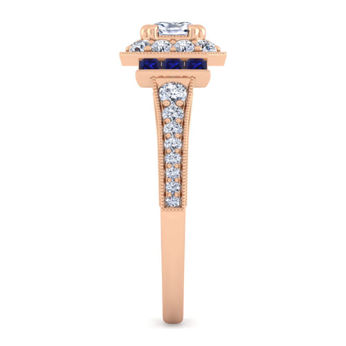 Vintage Inspired 14K Rose Gold Cushion Halo Diamond and Sapphire Channel Set Engagement Ring