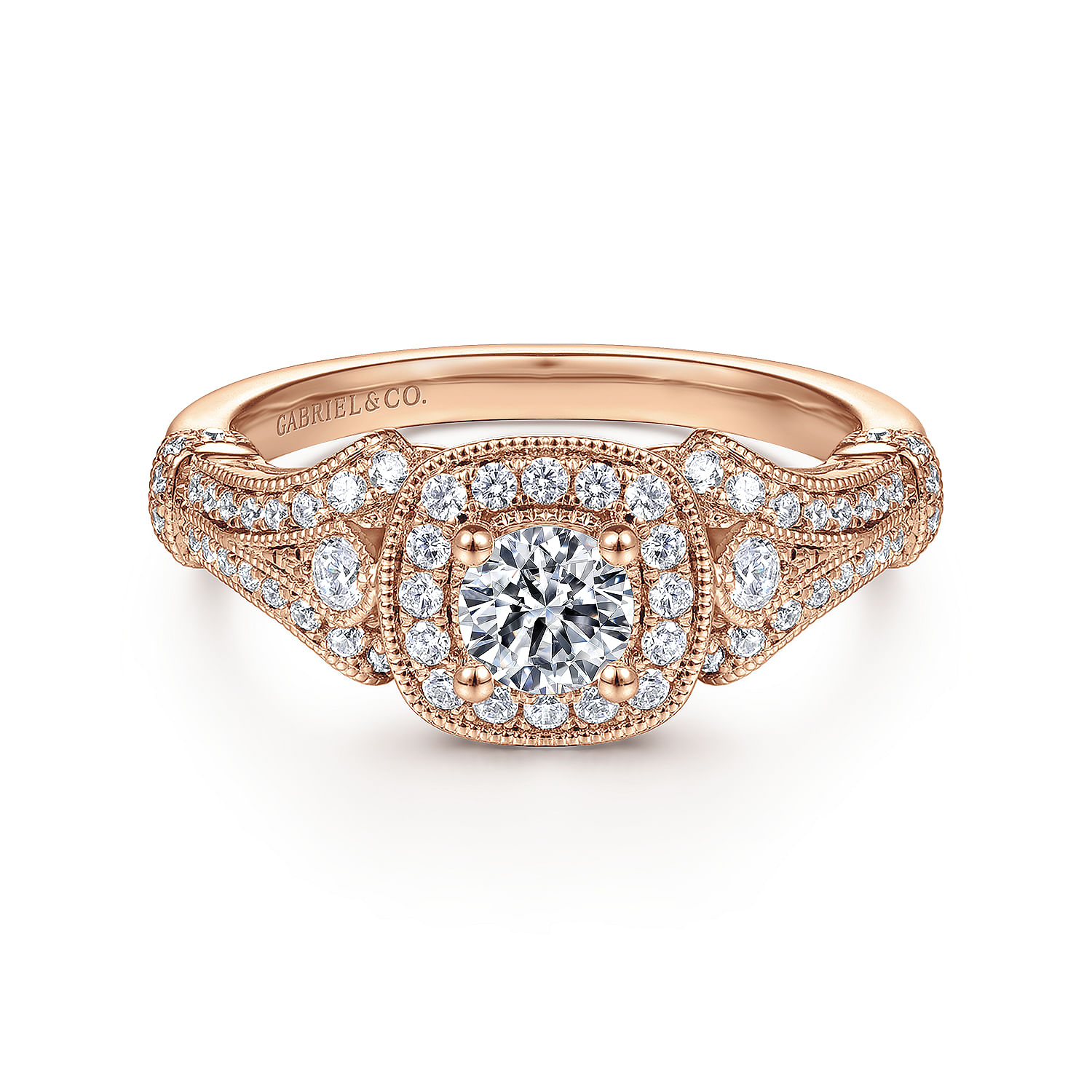 Gabriel - Vintage Inspired 14K Rose Gold Cushion Halo Round Complete Diamond Engagement Ring