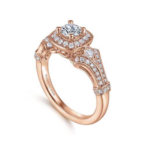 Vintage Inspired 14K Rose Gold Cushion Halo Round Complete Diamond Engagement Ring