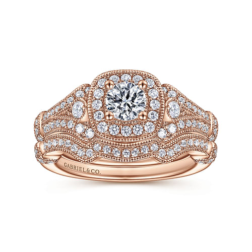 Vintage Inspired 14K Rose Gold Cushion Halo Round Complete Diamond Engagement Ring