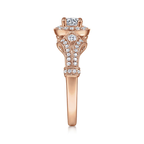 Vintage Inspired 14K Rose Gold Cushion Halo Round Complete Diamond Engagement Ring