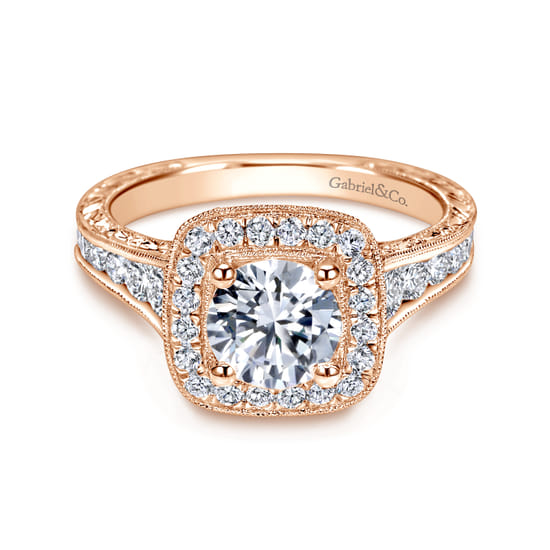 Gabriel - Vintage Inspired 14K Rose Gold Cushion Halo Round Diamond Channel Set Engagement Ring