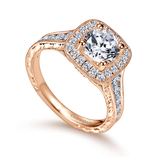Vintage Inspired 14K Rose Gold Cushion Halo Round Diamond Channel Set Engagement Ring Vintage Inspired 14K Rose Gold Cushion Halo Round Diamond Channel Set Engagement Ring