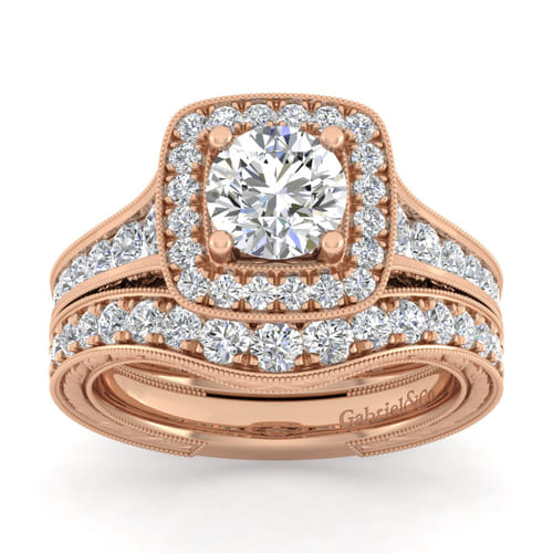 Vintage Inspired 14K Rose Gold Cushion Halo Round Diamond Channel Set Engagement Ring Vintage Inspired 14K Rose Gold Cushion Halo Round Diamond Channel Set Engagement Ring
