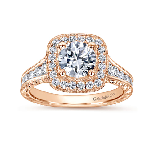 Vintage Inspired 14K Rose Gold Cushion Halo Round Diamond Channel Set Engagement Ring Vintage Inspired 14K Rose Gold Cushion Halo Round Diamond Channel Set Engagement Ring