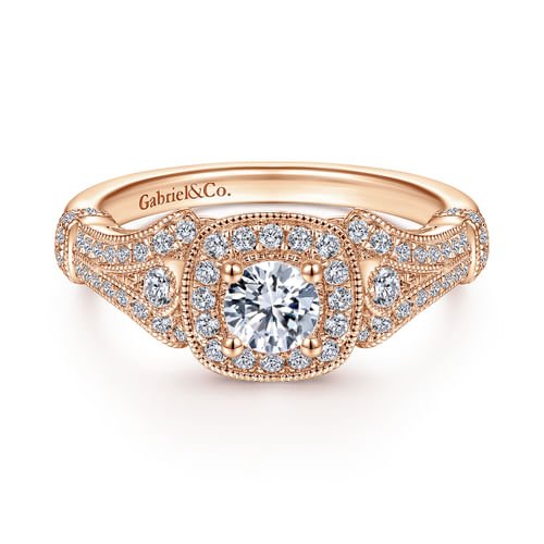 Vintage Inspired 14K Rose Gold Cushion Halo Round Diamond Engagement Ring