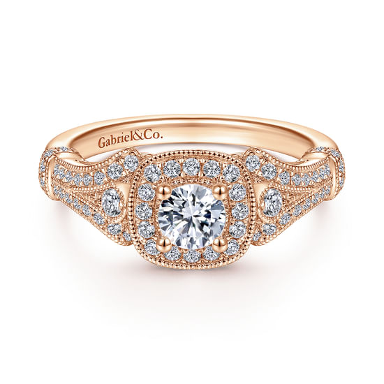 Gabriel - Vintage Inspired 14K Rose Gold Cushion Halo Round Diamond Engagement Ring