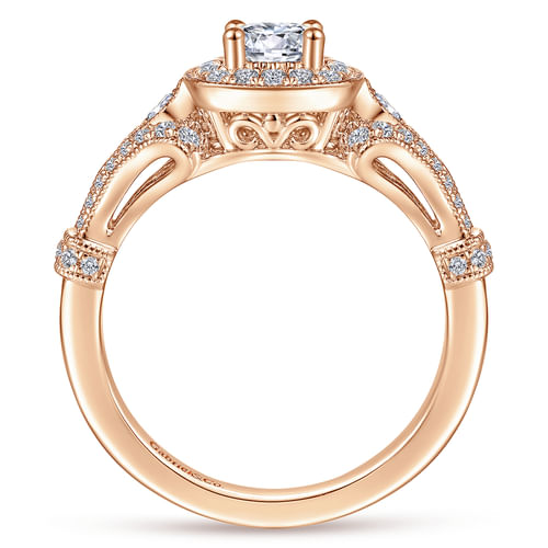 Vintage Inspired 14K Rose Gold Cushion Halo Round Diamond Engagement Ring