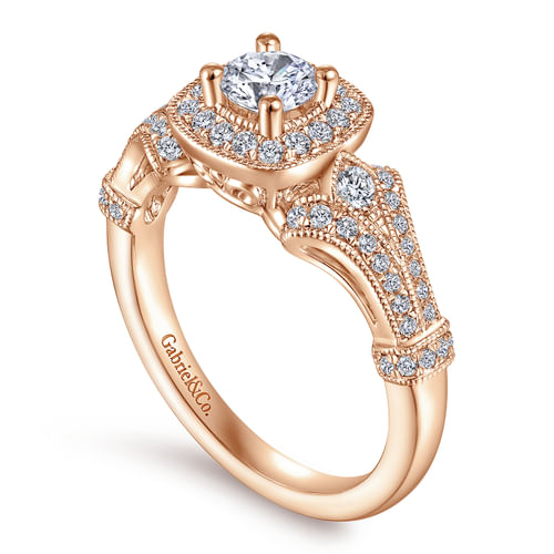 Vintage Inspired 14K Rose Gold Cushion Halo Round Diamond Engagement Ring