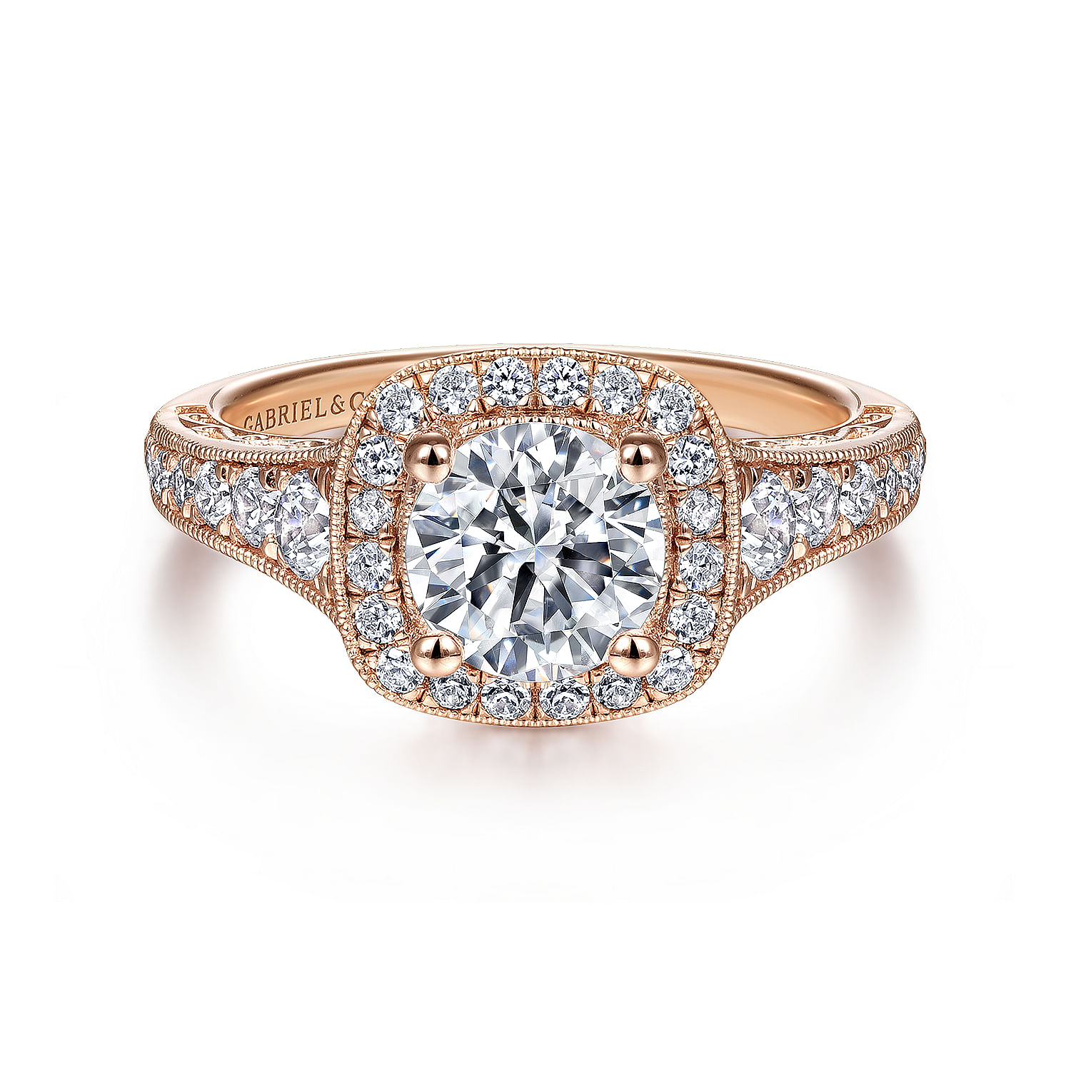 Gabriel - Vintage Inspired 14K Rose Gold Cushion Halo Round Diamond Engagement Ring